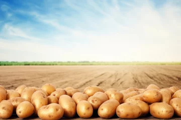 Fotobehang piles of potatoes are laying near in a field, potatoes in the ground on a sunny day, potatoes are on a farm field with a blue sky © vasyan_23