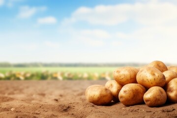 piles of potatoes are laying near in a field, potatoes in the ground on a sunny day, potatoes are on a farm field with a blue sky - obrazy, fototapety, plakaty