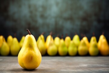 one pear standing alone in a bunch of pears, a group of yellow pears arranged in a line against a...