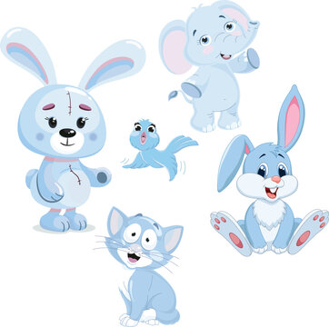 A set of cute cartoon animals. Vector flat images of animals for postcards, invitations, textiles, thermal printing, various types of printing