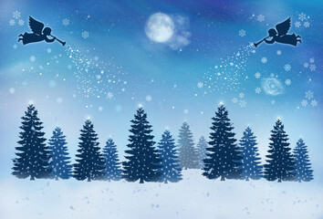 Obraz na płótnie Canvas Winter Christmas night scene illustration in dark blue, violet and white colors with flying angels, moon and stars on the sky , pine trees, snowflakes .Winter holiday season greeting concept. 
