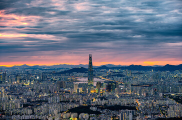 city skyline at sunset, Seoul, South Korea.