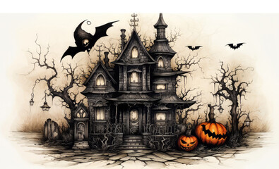 bats over creepy halloween house