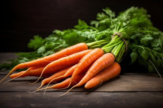 an image of fresh bright orange carrots on a wooden table, bunch of carrots at the table