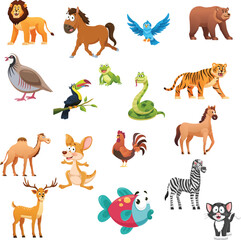 Obraz premium A set of cute cartoon animals. Vector flat images of animals for postcards, invitations, textiles, thermal printing, various types of printing