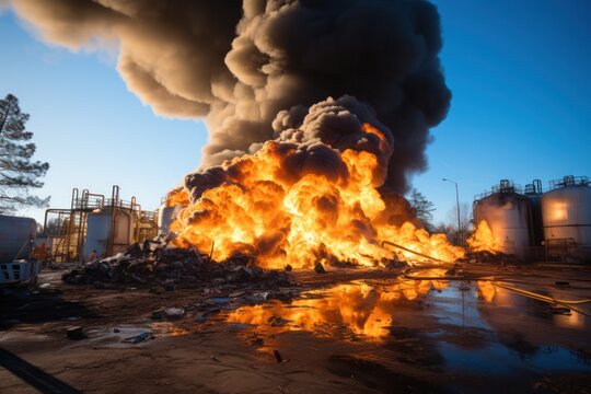  A gas explosion results in a fire in a propane storage facility.