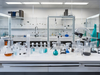 Essence of laboratory safety. Lab goggles, lab coats, and gloves arranged neatly on a laboratory bench. AI Generated - 649338074