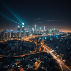 Fototapeta premium Scenic nighttime skyline of big cmodern city with illuminated skyscrapers.