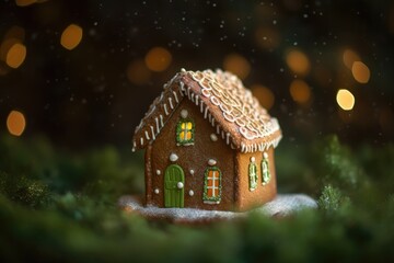 Gingerbread house, glitter bokeh in the background