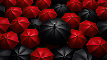 Black umbrella between a lot of Red umbrellas