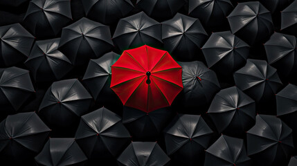 Red umbrella between a lot of black umbrellas