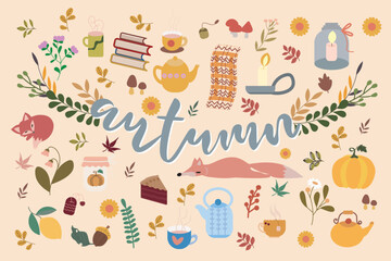 Vector collection with autumn symbols and elements. Hello Autumn