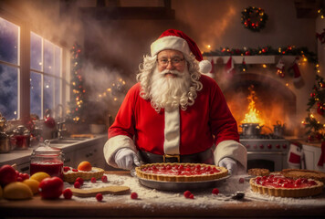 Santa Claus Baking Christmas Tart in His Kitchen - obrazy, fototapety, plakaty