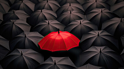 Red umbrella between a lot of black umbrellas