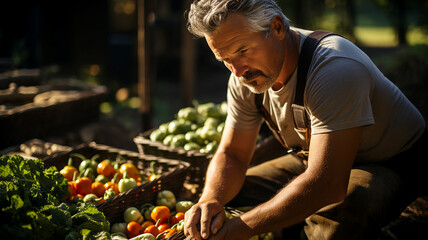 Happy smiling farmer next to his organic products