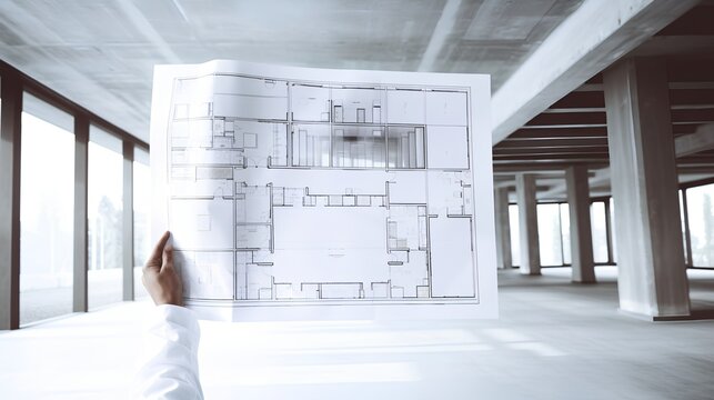 A closeup image of a hand holding project blueprint, with an industrial concrete building space visible in the background, suggesting a construction or architectural project in progress.