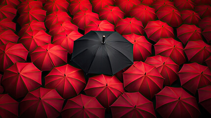 Black umbrella between a lot of Red umbrellas