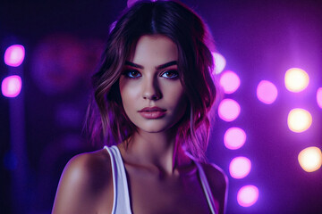 Portrait of a woman in her 20s in a nightclub, purple colors.
