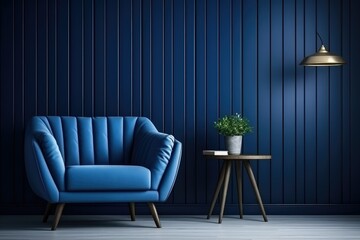 Living room interior has a armchair on empty dark blue wall - obrazy, fototapety, plakaty