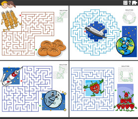 maze activities set with funny cartoon characters