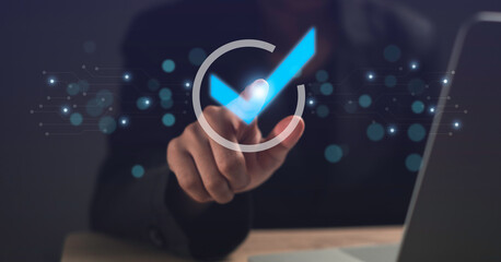 Standard quality control service guarantee concept. Business process automation, quality assurance management, certification, digital transformation. Virtual checked icon and businessman touching it.