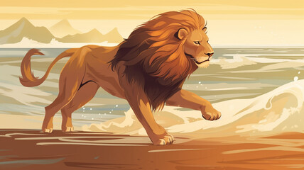 a lion ran to hunt on the beach Make sure the lion looks - obrazy, fototapety, plakaty