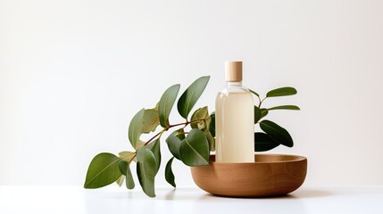 Bottle of cosmetic product with eucalyptus leaves on white background