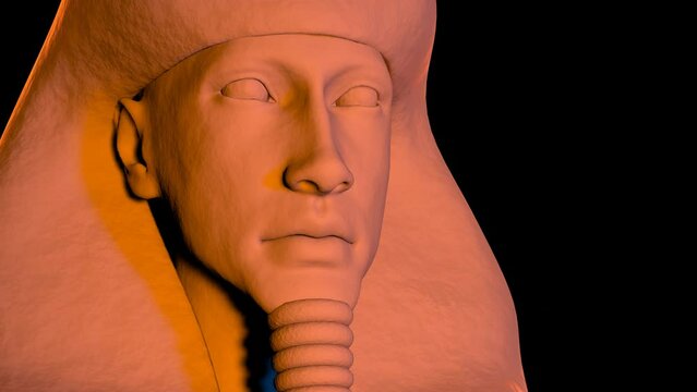 Egyptian pharaoh statue on black background 3d 4k animation with copy space. Moving light.
