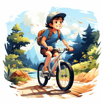 Cartoon image of a boy riding a bicycle and enjoying nature. Happiness was depicted on his face.