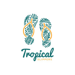 Obraz premium Set of slippers or flip flops with tropical and summer pattern, beach slippers