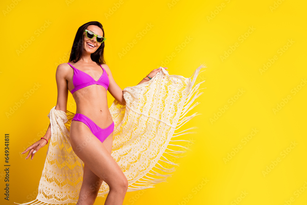 Canvas Prints Photo of pretty lovely girl enjoying luxurious weekend on sea coast shore posing with lace cape isolated bright color background