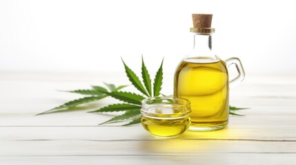 Obraz na płótnie Canvas Cannabis oil in a glass bottle with cannabis leaves on a white wooden background