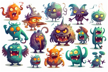 Group of monsters for halloween, with white background. Generative AI.