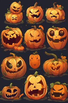 Group of cartoon pumpkins for halloween. Generative AI.