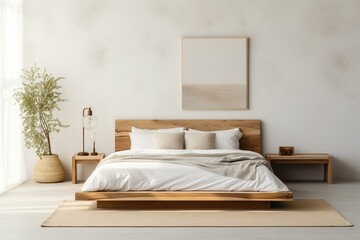 Peaceful bedroom with platform bed, white bedding, wooden headboard, neutral colors, natural light, empty wall. Generative AI