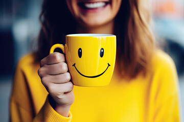 mujer sonriente aguantando en su mano una taza amarilla con sonrisa dibujada, sobre fondo desenfocado