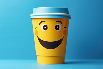 vaso  amarillo con cara sonriente dibujada, con tapa azul sobre fondo azul - obrazy, fototapety, plakaty
