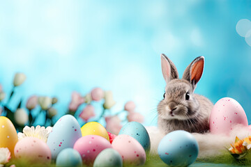Fototapeta na wymiar rabbit with easter eggs, easter banner 