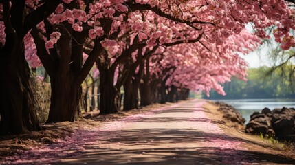 cherry blossoms line road with a lot of pink leaves, apring, generative ai