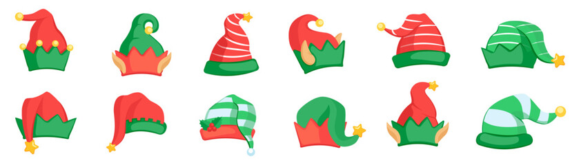 A collection of fun holiday elf hats - obrazy, fototapety, plakaty