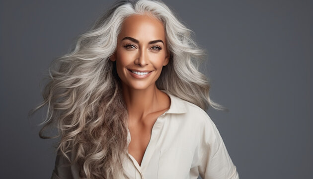 Primer plano de un retrato de mujer sonriente de mediana edad. Maravillosa mujer adulta de 50 años de pelo gris y piel lisa y suave.Ia generada.