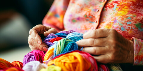 Obraz premium An elderly woman with vibrant colored yarn in her lap, knitting with a warm and loving expression with a cozy room in the background.
