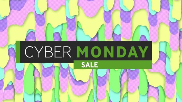 Animation of cyber monday text banner against abstract gradient patterns in seamless pattern