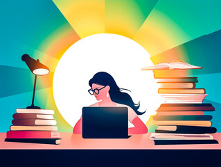 Etudiante en train de travailler ses cours le soir sur son bureau