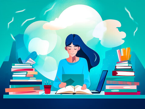 Etudiante en train de travailler ses cours le soir sur son bureau