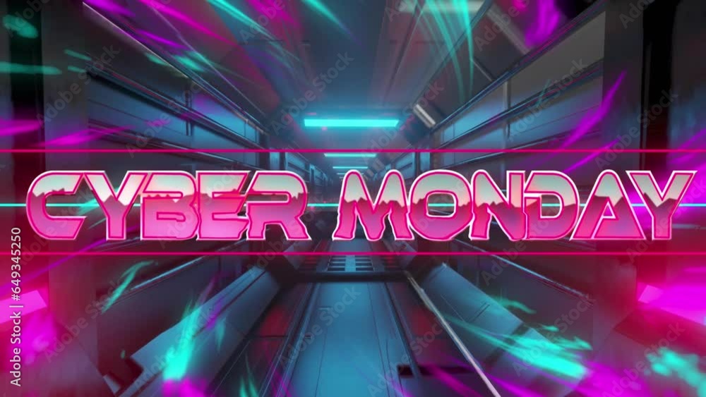 Poster animation of cyber monday text over neon lines and network of light trails