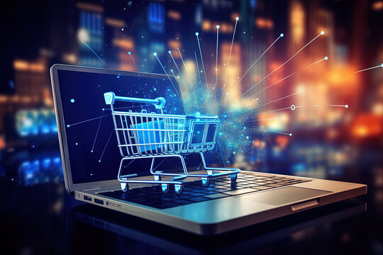 Technological 3D mock up for Cyber ​​​​Monday, immersive elements, shopping cart and gift boxes