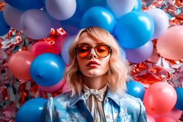 Portrait de mode avec jeune femme blonde et ballons