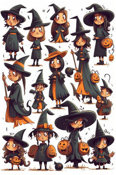 Cartoon illustrations of a halloween witch set. Generative AI.