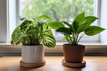 Tabletop Greenery: Small Potted Plants Perched on a Table, Bringing a Touch of Nature Indoors